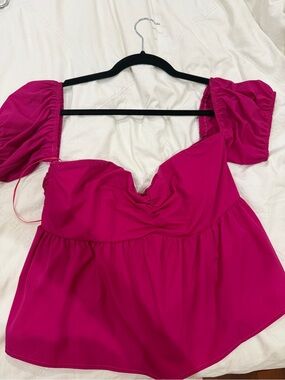 TCEC Puff Sleeve Peplum Top - Hot Pink